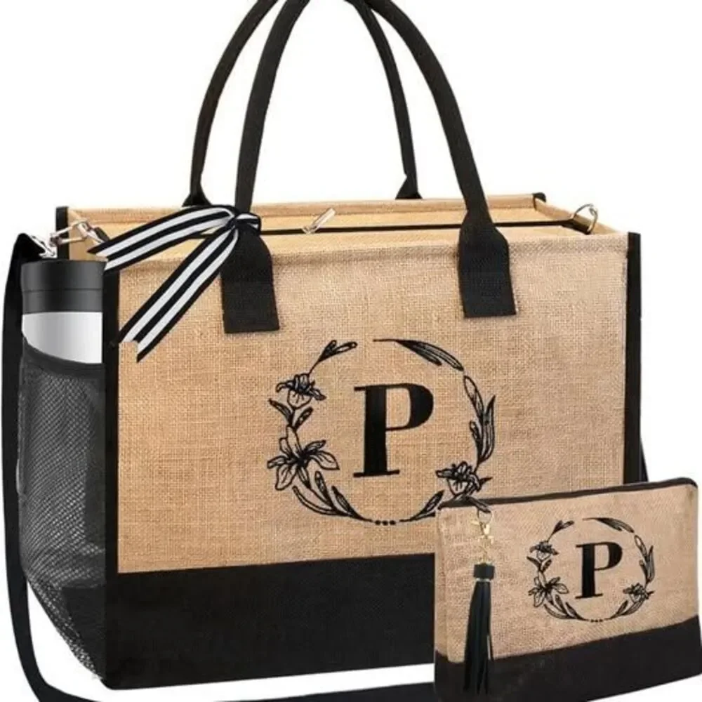 Tote Bag Set 2Piece Personalized Initial E Jute Beach Bag Monogram Gift Set NWT